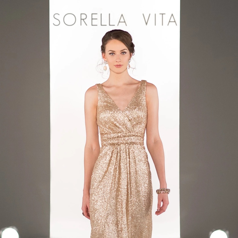 SORELLA VITA Plus Size Long Gold Sequinned Formal Gown With Straps.